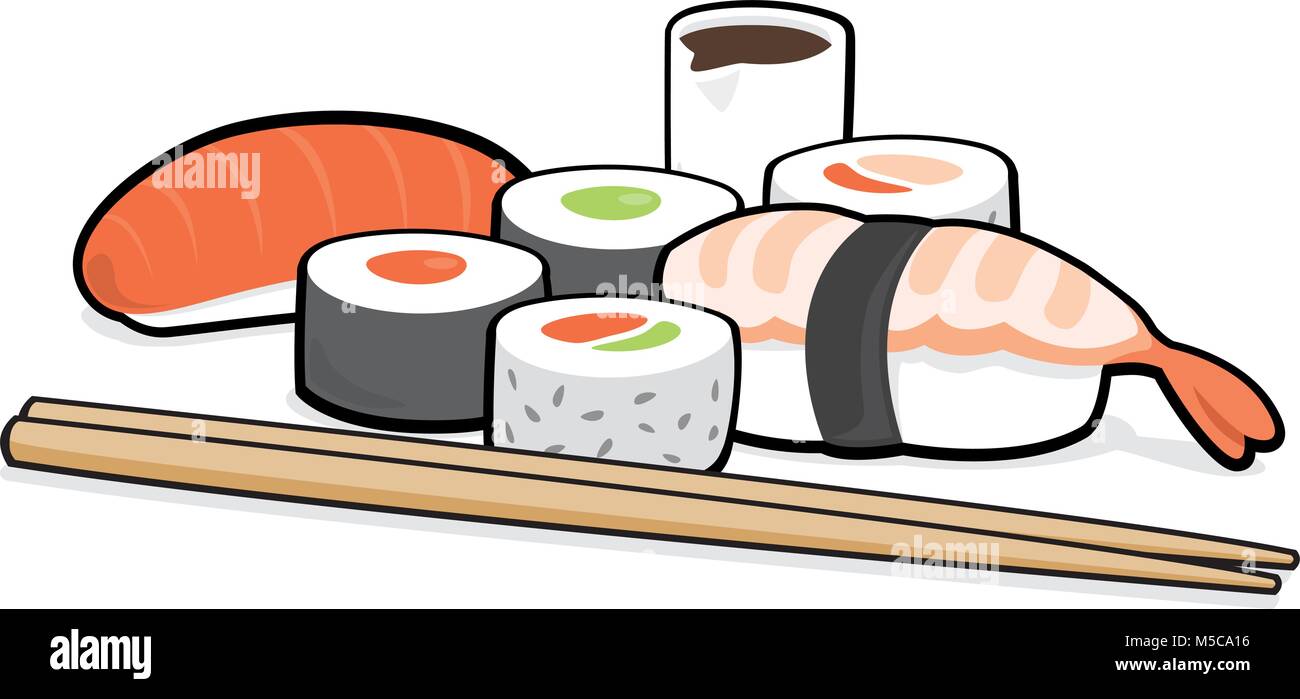 Cartoon Illustration der kleinen Gruppe der sortierten Sushi Stück Stock Vektor