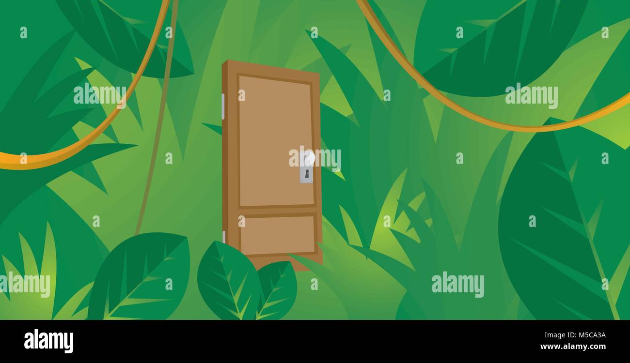 Cartoon Illustration der Holztür im Dschungel verloren Stock Vektor