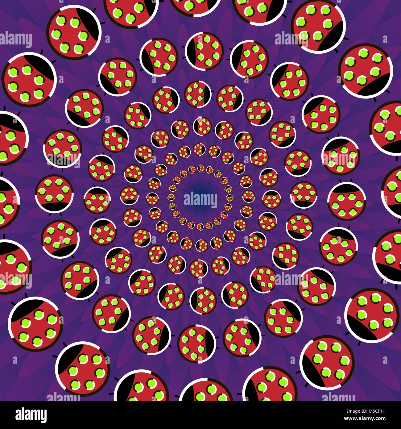Abstrakte trendige Runde optische Täuschung, Motion Simulation, kreative Vector Illustration mit Marienkäfer an violette Blütenblätter Stock Vektor