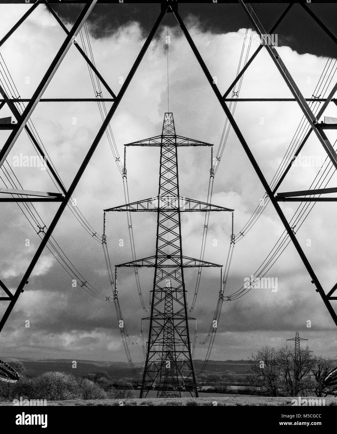 Strommasten Überquerung der Landschaft in Carmarthenshire, West Wales. UK. (Hoher Kontrast B/W angewandt, Post) Stockfoto