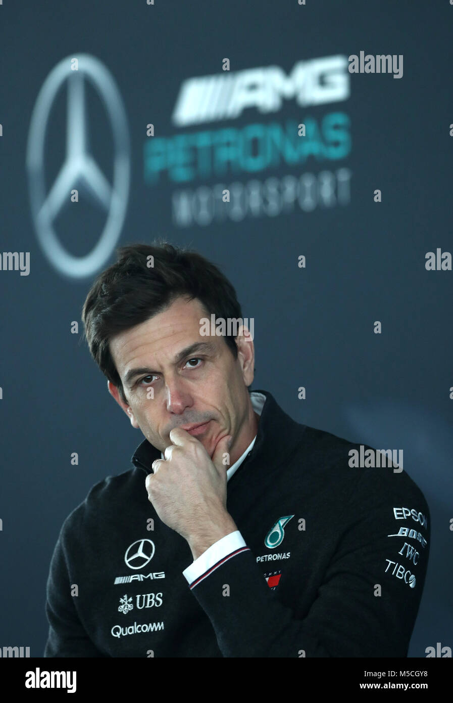 Mercedes Teamchef Toto Wolff während der Mercedes-AMG F1 2018 Auto Start in Silverstone, Towcester. Stockfoto