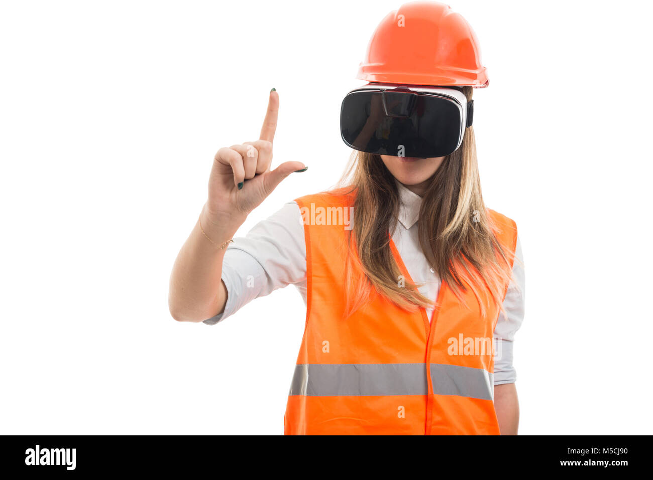 Mädchen Builder mit VR-Brille ein unhöflich oder Verlierer registriert, während wathcing imaginären Video Stockfoto