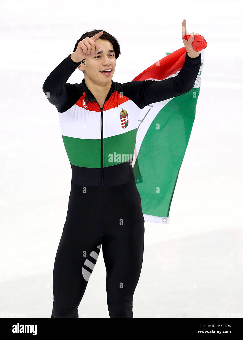 Ungarns Shaolin Sandor Liu feiert nach dem Gewinn der Men's Short Track Speed Skating 5.000 m Staffel finale an der Gangneung Ice Arena am Tag 13 der Winter-olympischen Spiele 2018 PyeongChang in Südkorea. Stockfoto