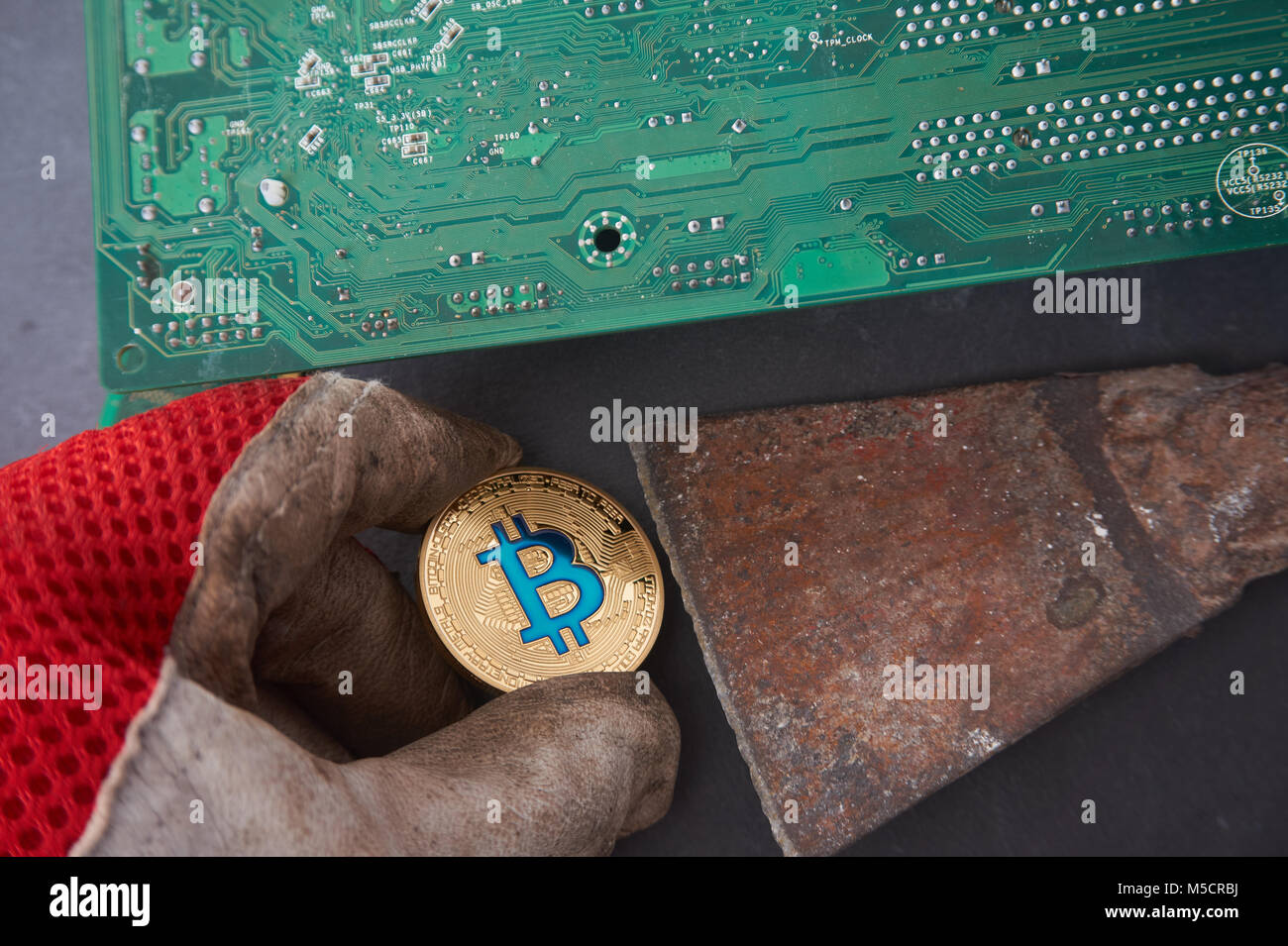 Golden bitcoin liegen auf dem schmutzigen Handschuh, computer Komponenten Hintergrund. Dirty kriminellen bitcoin oder harte diging Konzept. Stockfoto