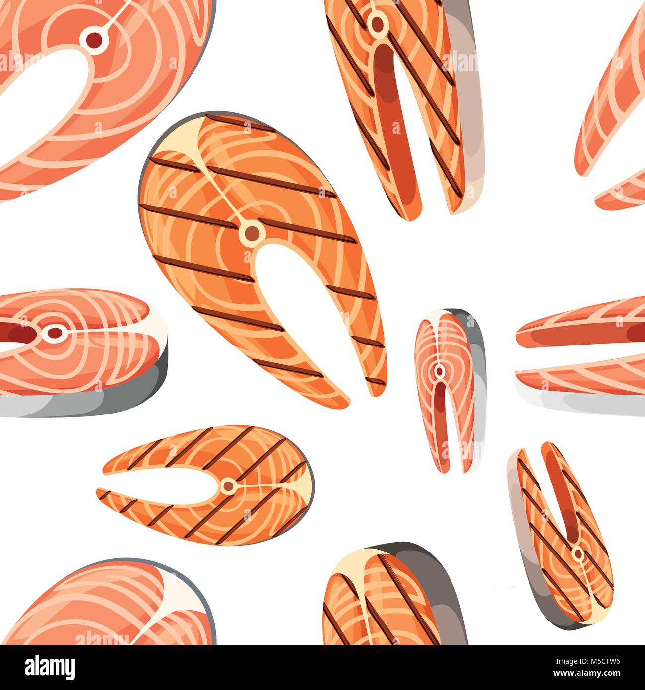 Nahtlose Muster von Gegrilltem und frischen Lachs Steaks Vector Illustration auf weißem Hintergrund Web site Seite und mobile App Design. Stock Vektor