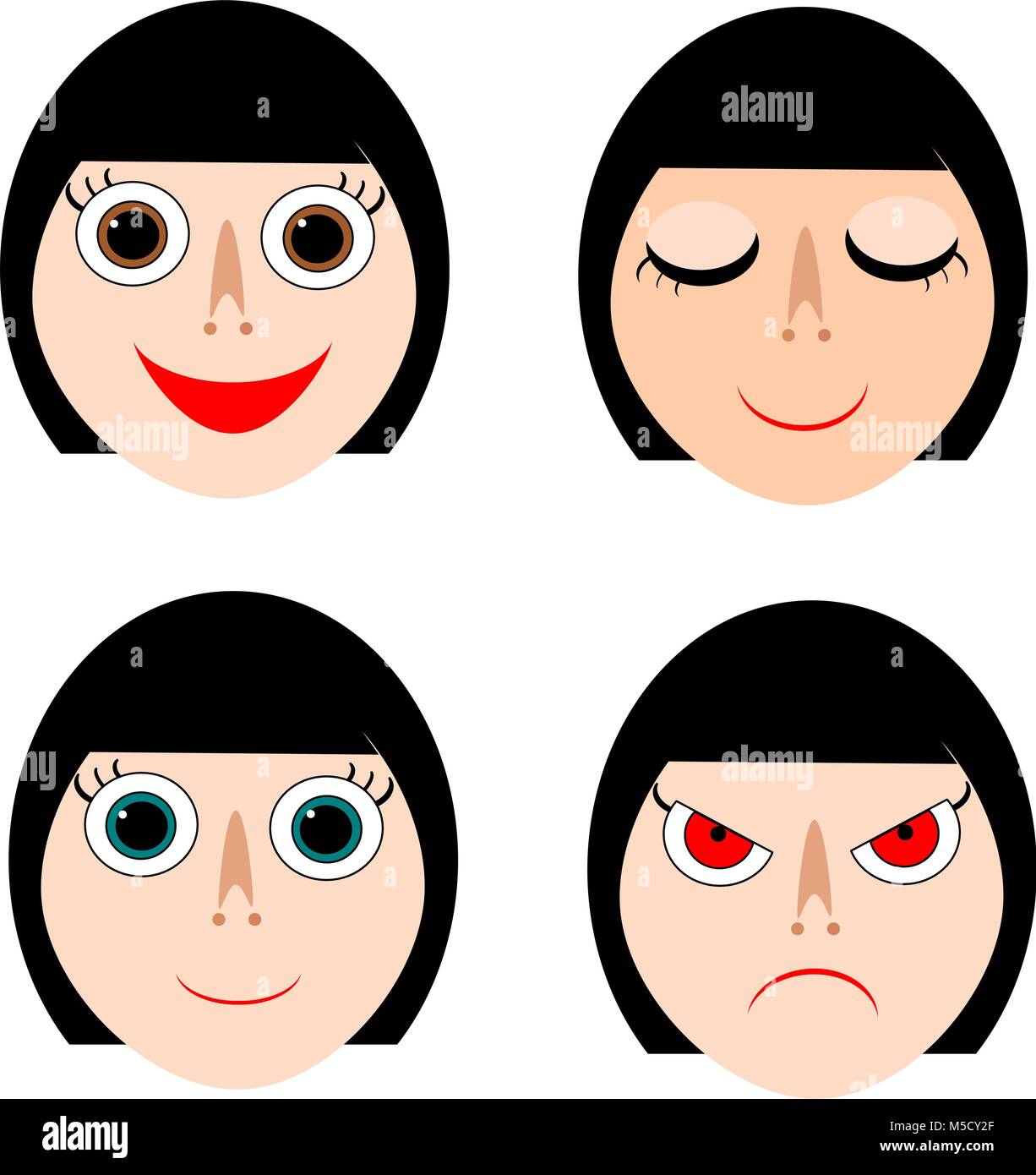 Lady Gesichter lächeln, Schlafen, Normal, und wütend Ausdrücke. Vector Illustration. Stock Vektor