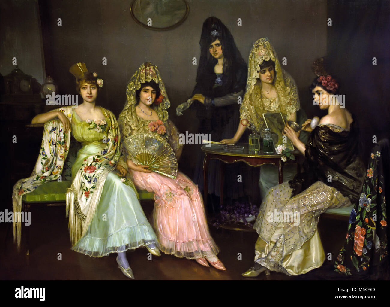 Las Presidentas 1913 Urquiola Aguirre, Eduardo 1865-1932 20., Jahrhundert,  Spanien, Spanisch, (Fnf Damen, mit Kmme, Manila Schals, Lfter, Rosen und  Lange Roben der ostentative Spitze, etwas statisch mit Distinguiert  darstellen, whrend sie