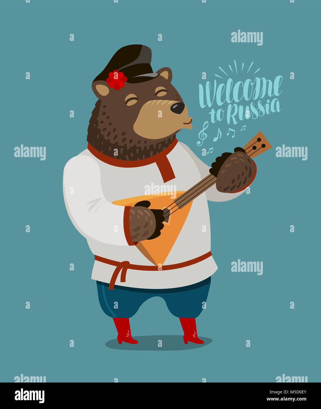 Lustige Russische Bär spielt auf balalaika. Russland, Moskau Konzept. Cartoon Vector Illustration Stock Vektor