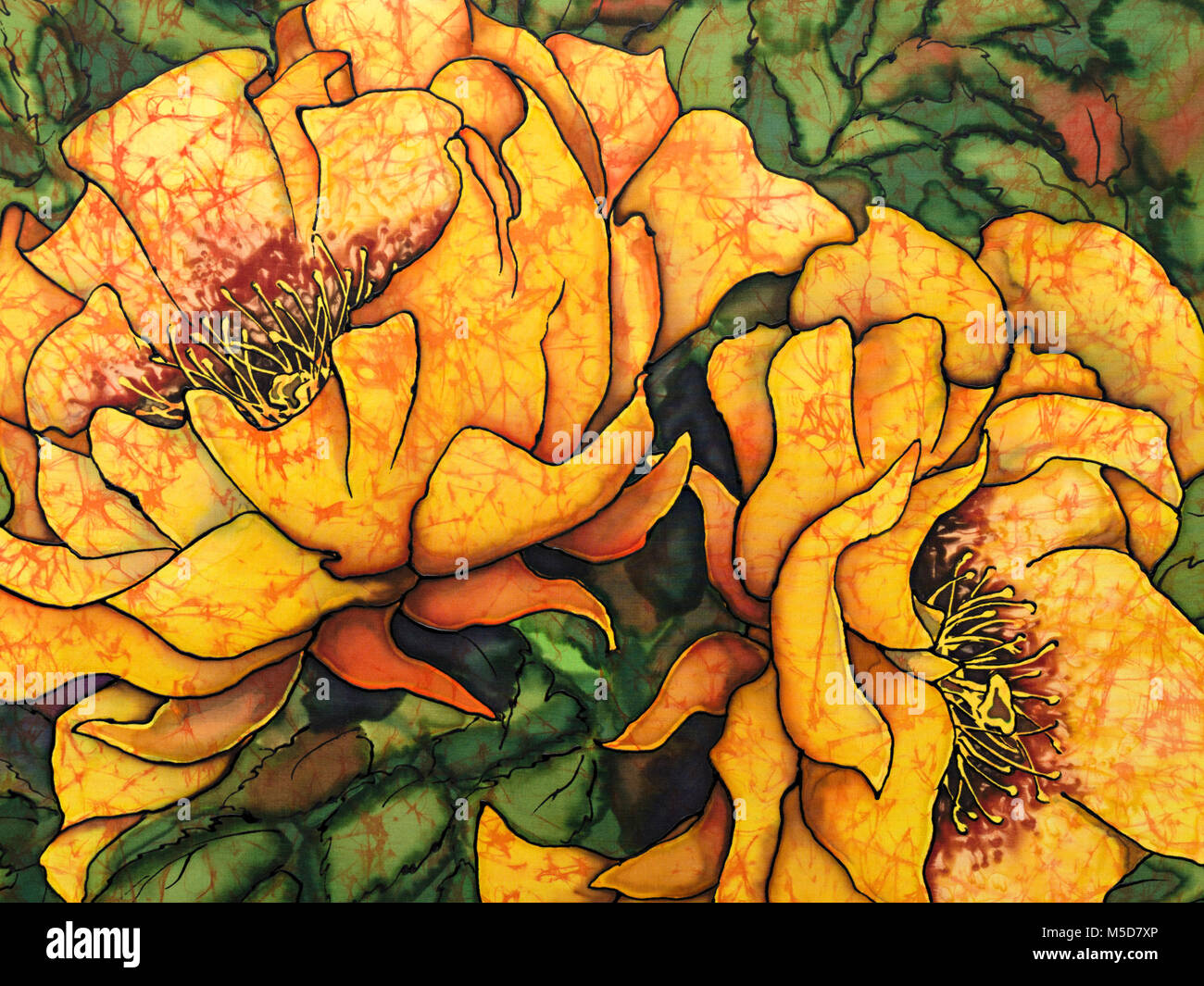 Foto von seidenmalerei von orange/gelbe Rosen mit Dampf-fix Farbstoffe und Schwarz outliner von Paula Chapman Stockfoto