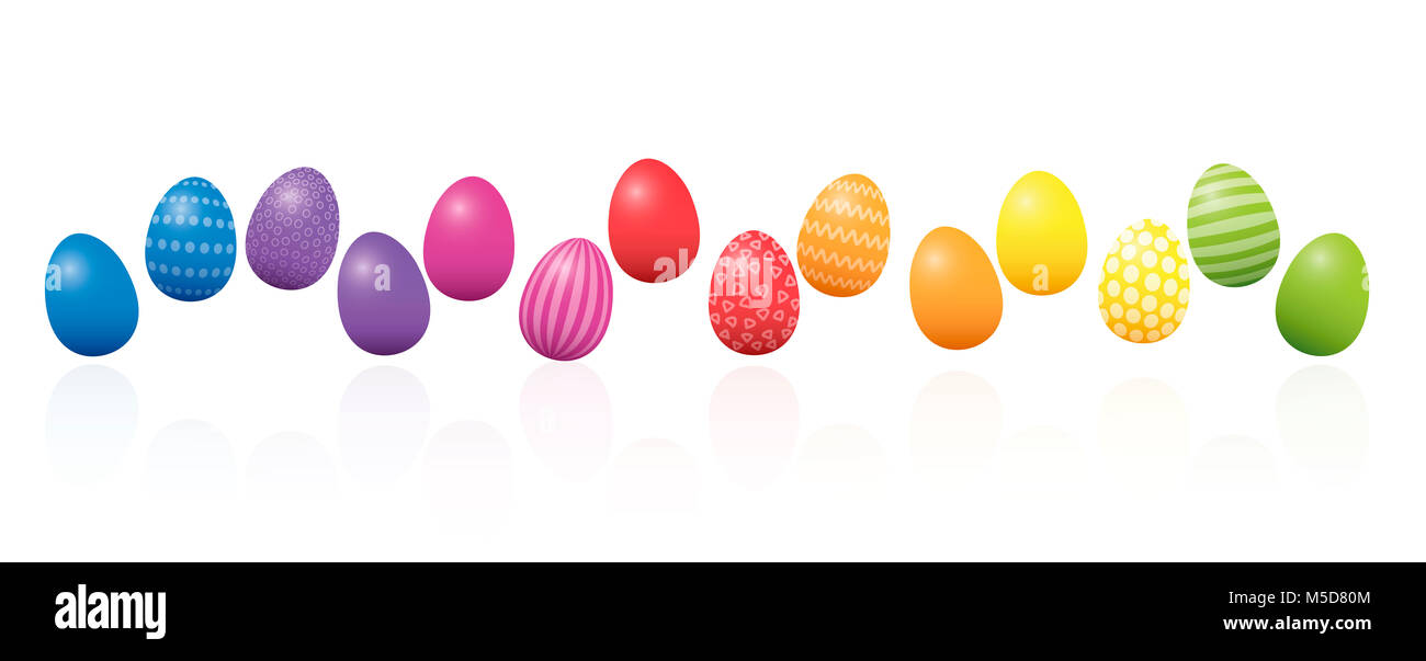 Ostern Eier. Bunte Linie, lose angeordnete, verschiedene Farben und Muster. Rainbow farbige dreidimensionale Darstellung auf weißem Hintergrund. Stockfoto