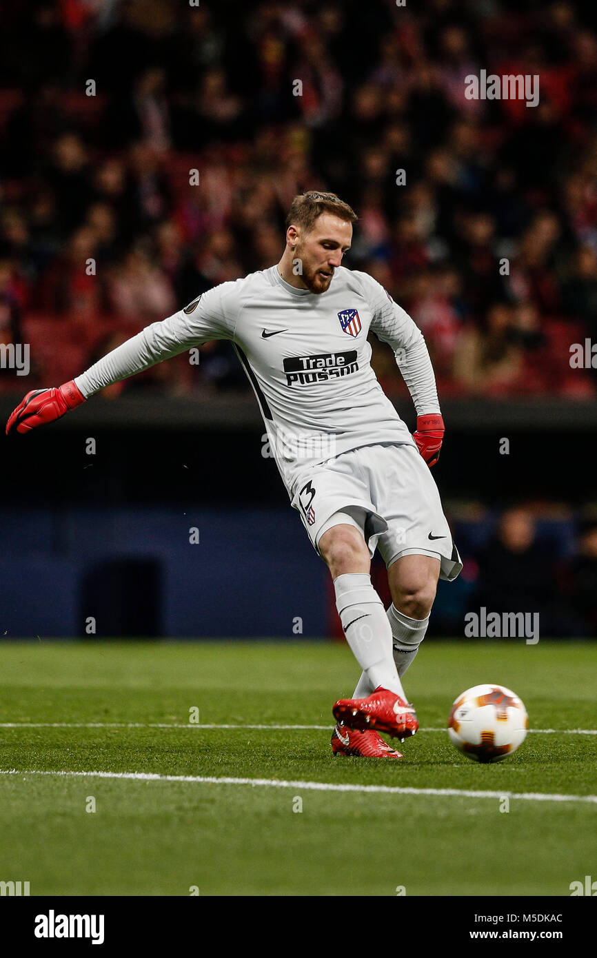Jan Oblak (Atletico de Madrid) in Aktion während des Spiels. UEFA Europa League Spiel zwischen Atlético de Madrid gegen Kopenhagen am Wanda Metropolitano Stadion in Madrid, Spanien, 22. Februar 2018. Credit: Gtres Información más Comuniación auf Linie, S.L./Alamy leben Nachrichten Stockfoto