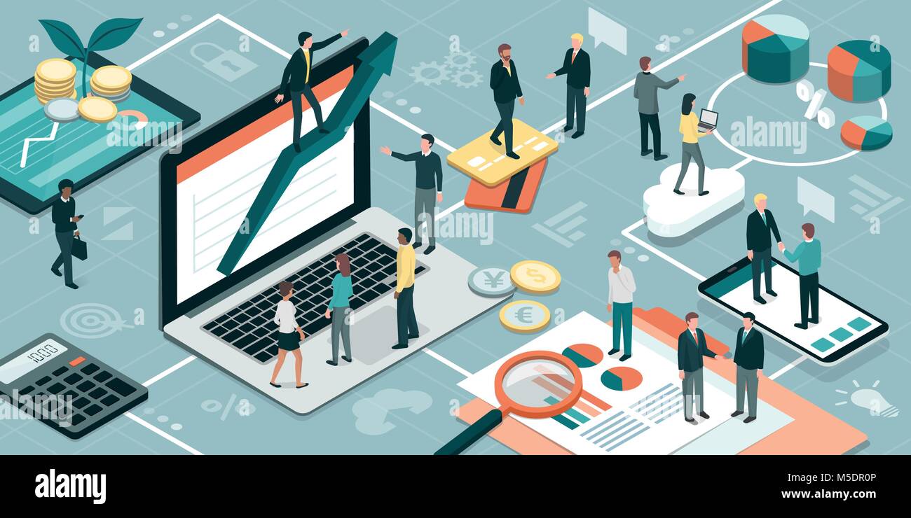 Business Menschen zusammen zu arbeiten und die Entwicklung einer erfolgreichen Unternehmensstrategie: Marketing und Finanzen Konzept Stock Vektor