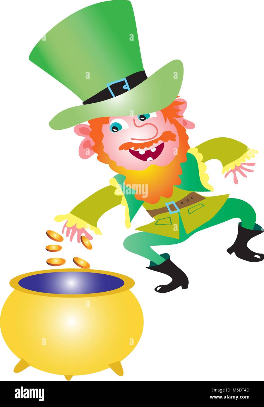 Einen irischen Kobold feiern St. Patrick's vom Tanzen ein Aufsatz und werfen Münzen in einen Topf Stock Vektor