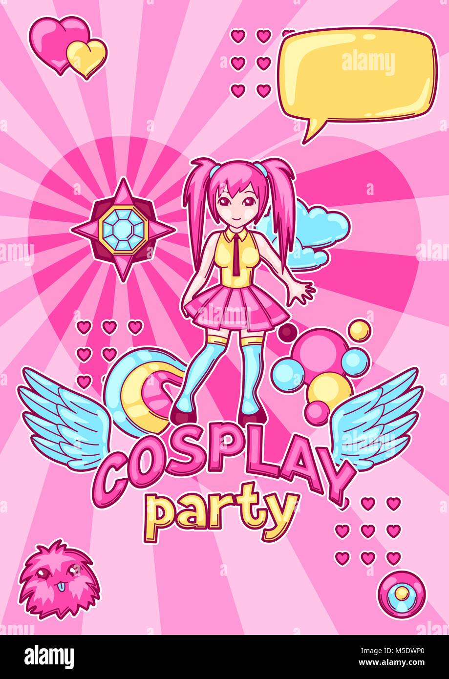 Japanischen Anime Cosplay party Einladung. Niedlich kawaii Figuren und Elemente Stock Vektor