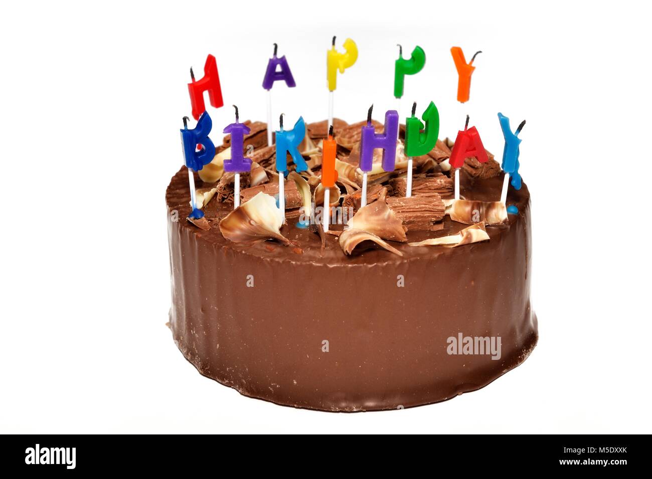 Happy birthday Schokolade Kuchen mit geschmolzenem Kerzen Stockfoto