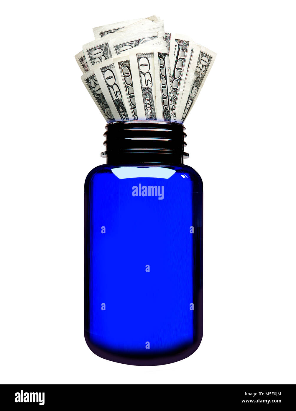 Blaue Medizin Flasche mit Geld Stockfoto