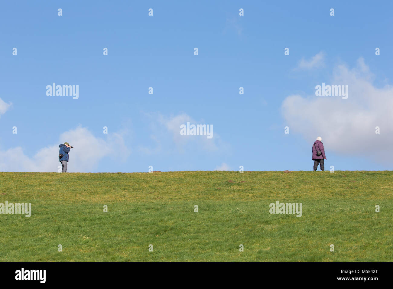 Rentner, verheiratete Paar auf dem grasbewachsenen Hügel, gemeinsam auf hellen, kalten Morgen Fotografieren von einander, üben Ihre fotografischen Fähigkeiten. Stockfoto