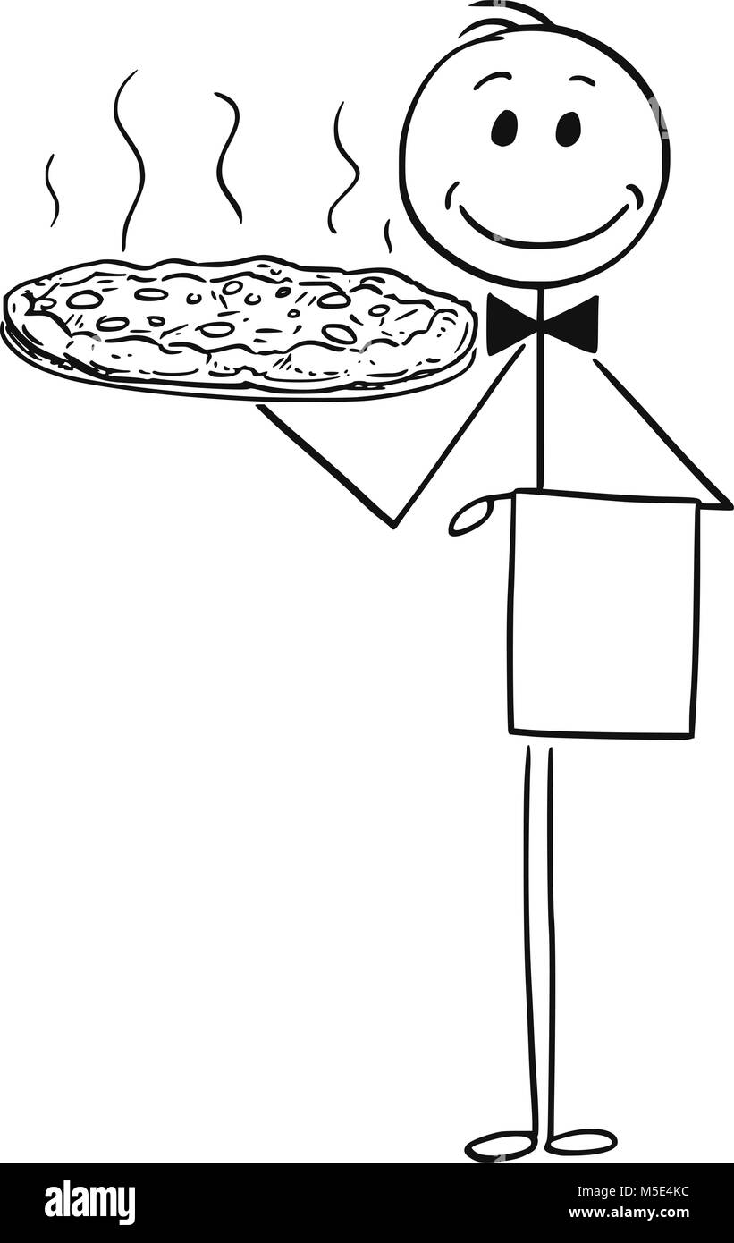 Cartoon von Kellner Holding Silber Platte oder Fach mit Pizza Stock Vektor