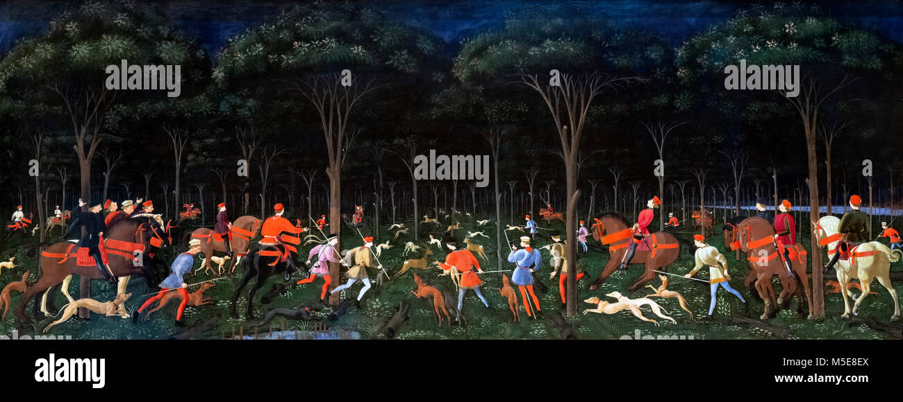 Die Jagd im Wald von Paolo Uccello (Paolo di Dono: 1397-1475), Tempera, Öl und Gold auf Tafel, ca. 1470. Stockfoto