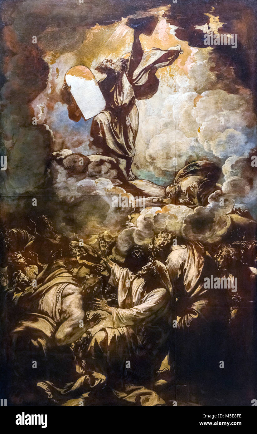 Mose und die Tabellen des Gesetzes von Benjamin West (1738-1820), Öl auf Papier, c 1780. Dies ist eine vorbereitende Skizze für ein größeres Bild anzeigen Moses die Zehn Gebote von Gott empfangen. Stockfoto