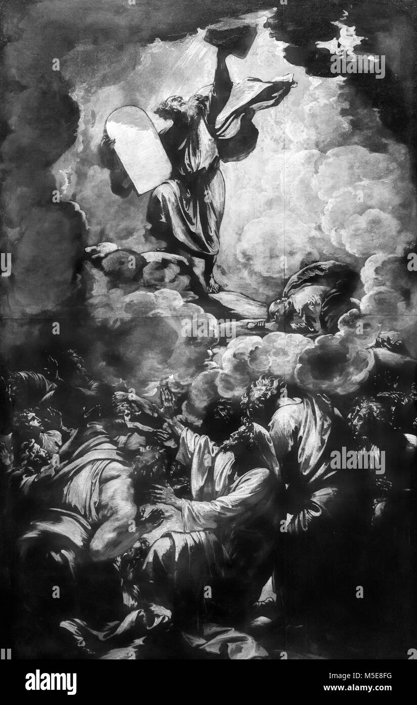 Mose und die Tabellen des Gesetzes von Benjamin West (1738-1820), Öl auf Papier, c 1780. Dies ist eine vorbereitende Skizze für ein größeres Bild anzeigen Moses die Zehn Gebote von Gott empfangen. Stockfoto