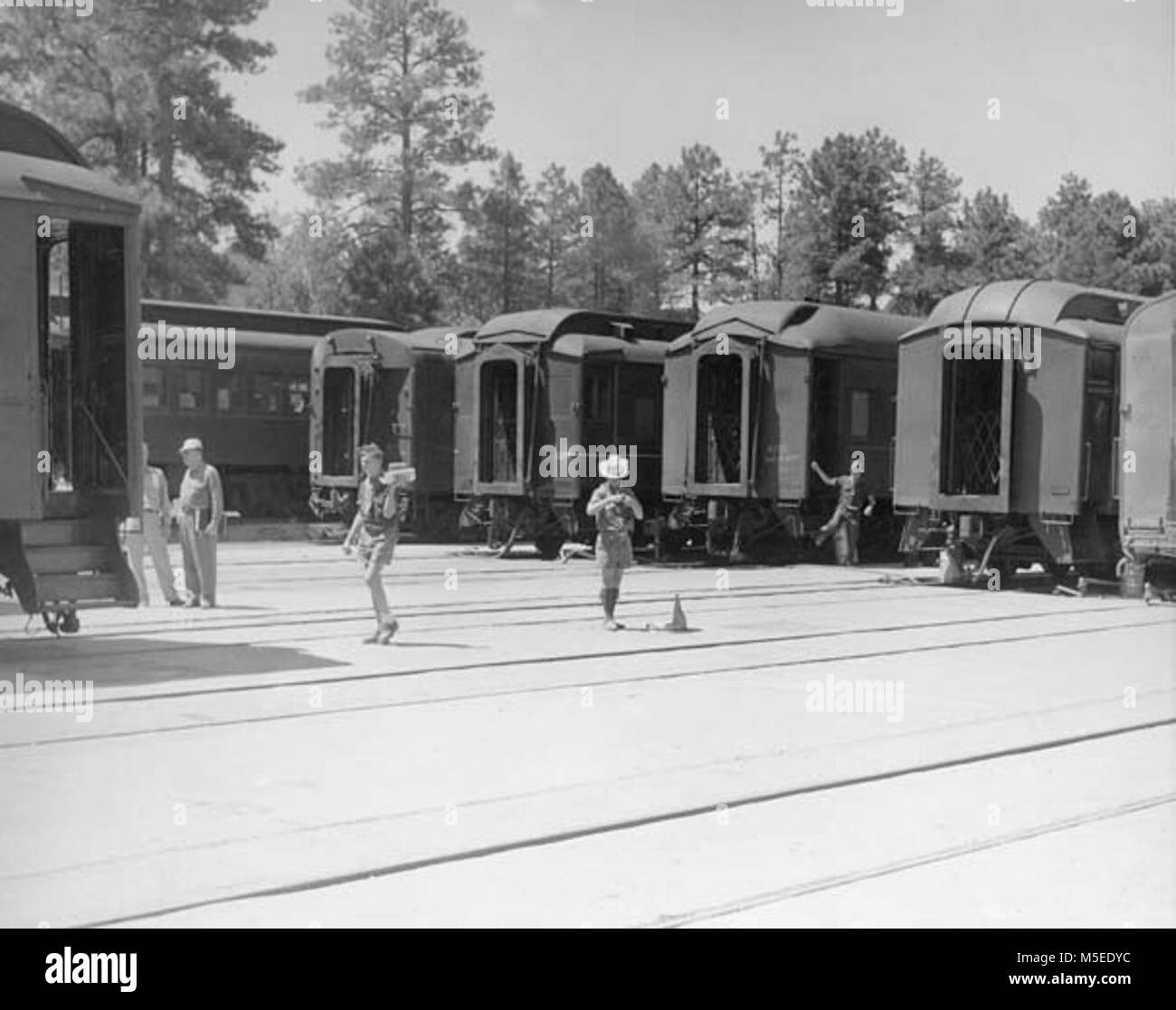 Grand Canyon historischen Railroad Depot 6 BOY SCOUT JAMBOREE BESONDERE ZÜGE IM DEPOT YARD. DETAIL - endet der Züge. Juli 1953. , LEDING. Stockfoto