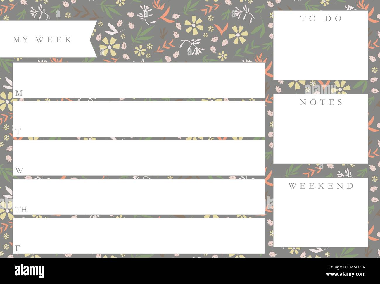 Wöchentlicher Planer mit Blumen orange, grün, gelb und rosa, Schreibwaren Veranstalter für tägliche Pläne, floral Vektor weekly planner Template, Zeitpläne Stock Vektor
