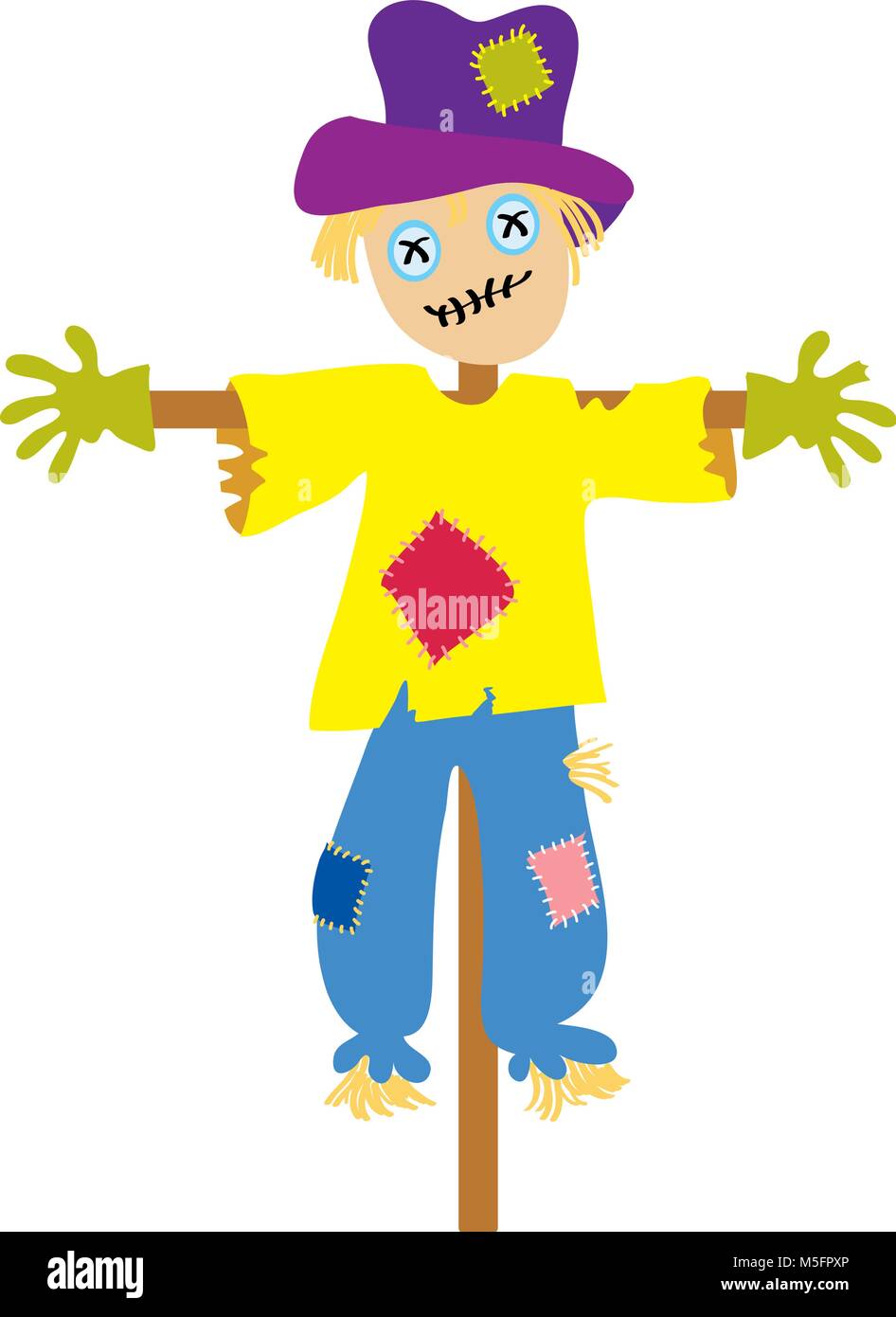 Ein Cartoon boy Vogelscheuche mit Stroh Haar, hut, handschuhe, geflickte Hose Stock Vektor