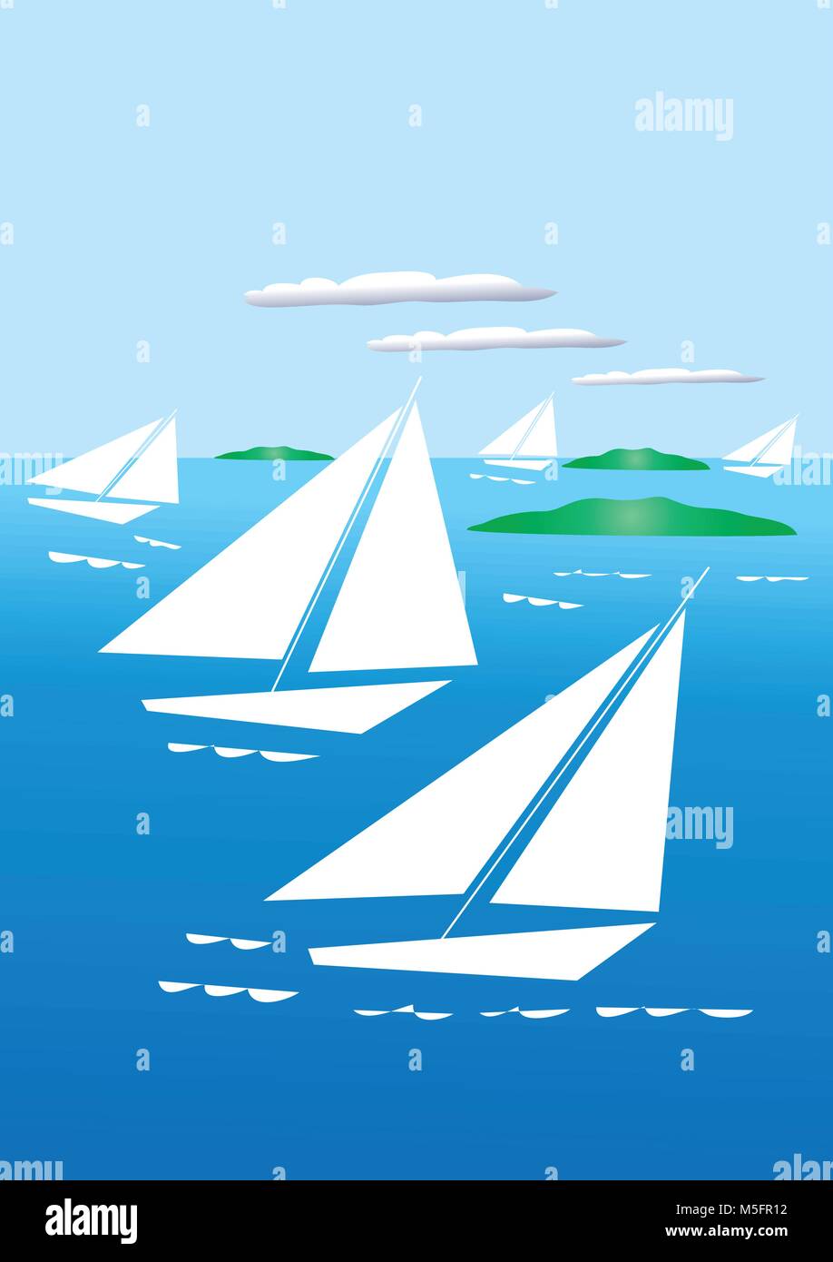 Eine illustratiion von fünf stilisierte England Yatchs Segeln in einem ruhigen Meer übersät mit kleinen Inseln und einige Wolken im Himmel Stock Vektor