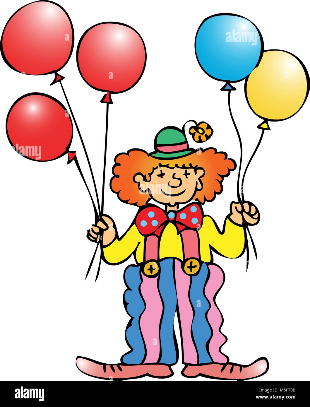 Ein Zirkus Clown mit roten, gelben und blauen Ballons Stock Vektor