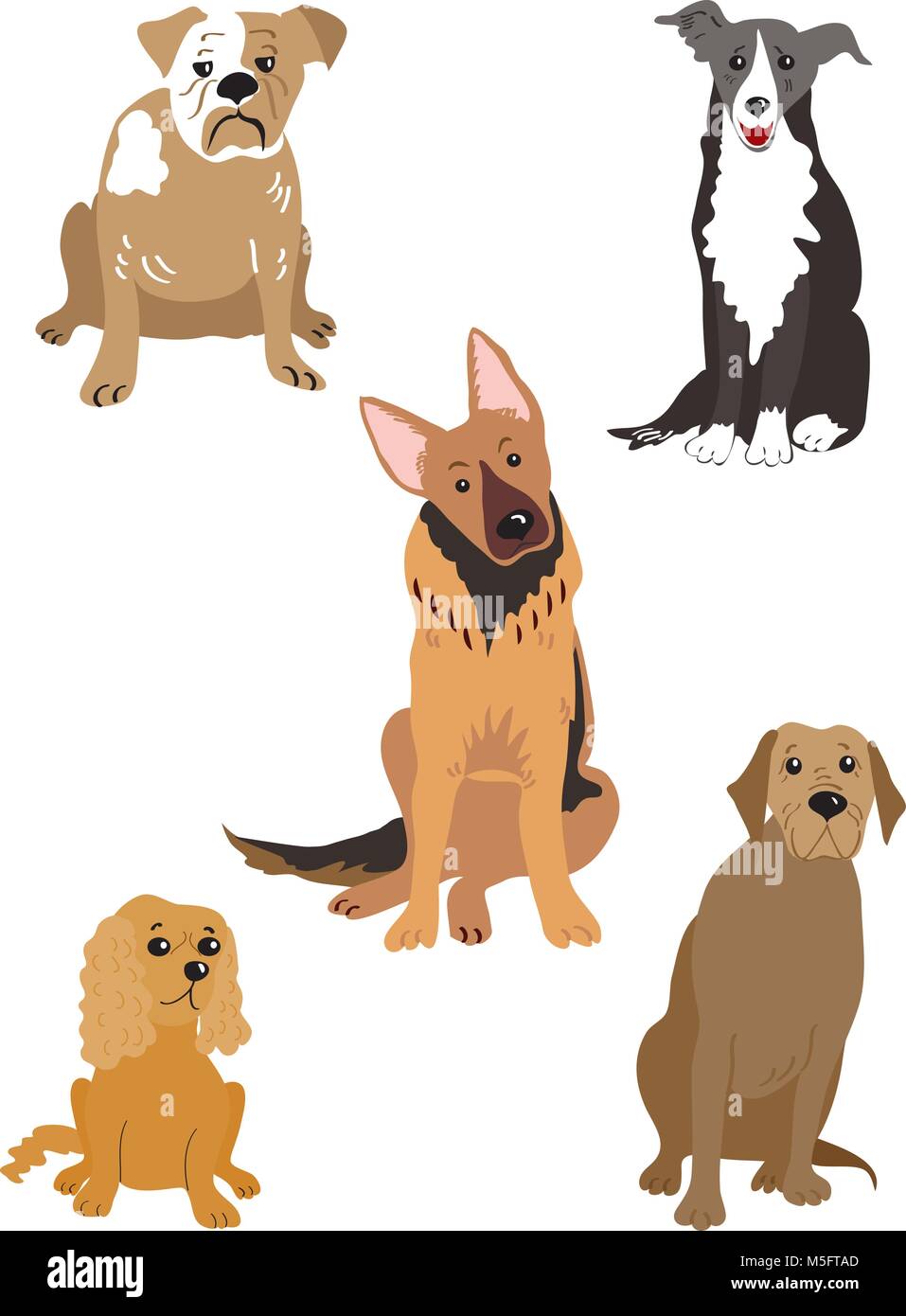Ein Cartoon Illustration von fünf verschiedene Hunde, einschließlich einer Bulldogge, ein Collie, ein Deutscher Schäferhund, ein Cocker Spaniel und einen braunen Labrador. Stock Vektor