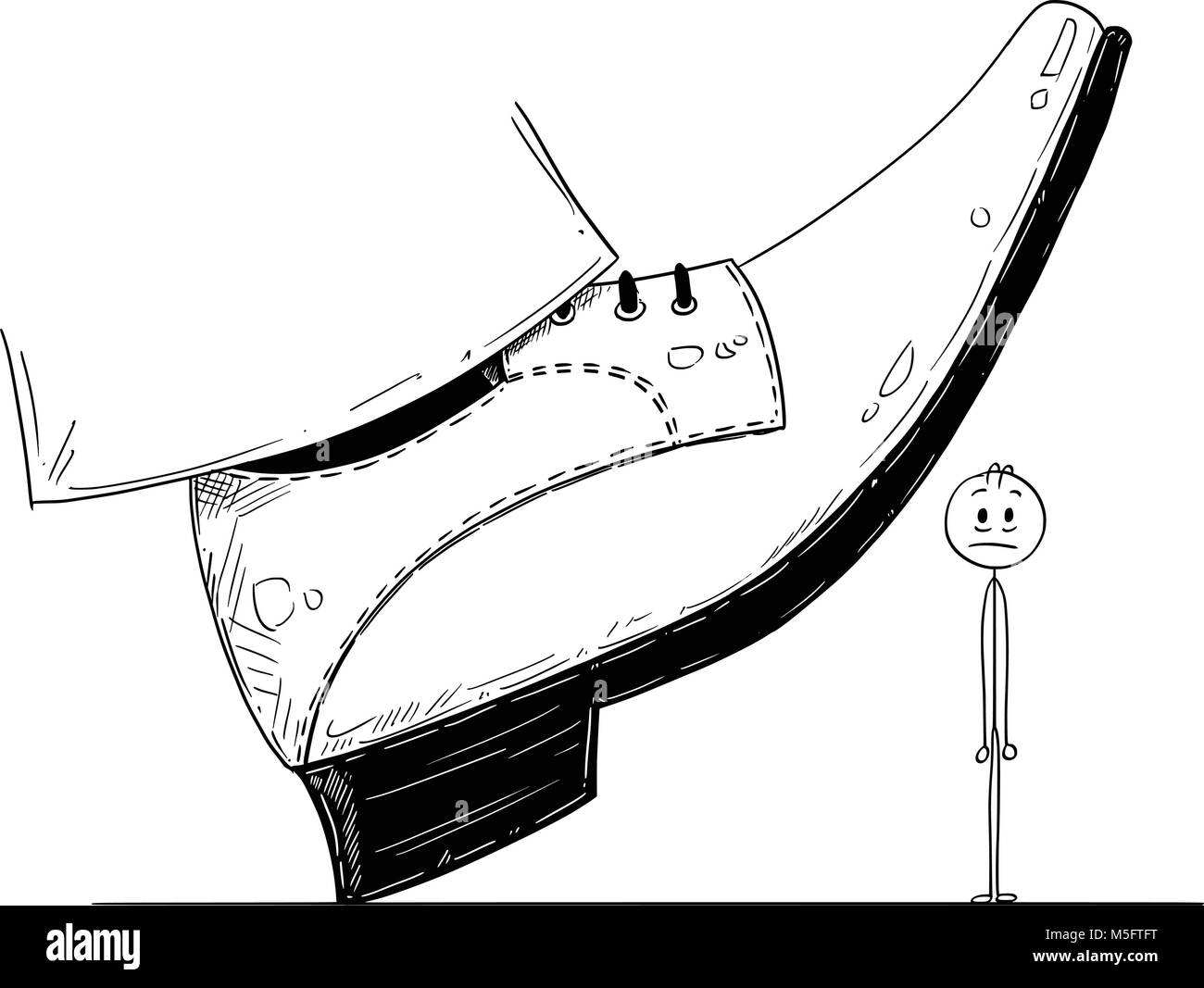 Cartoon von großen Fuß Schuh bereit zu Schritt nach unten auf den Geschäftsmann Stock Vektor