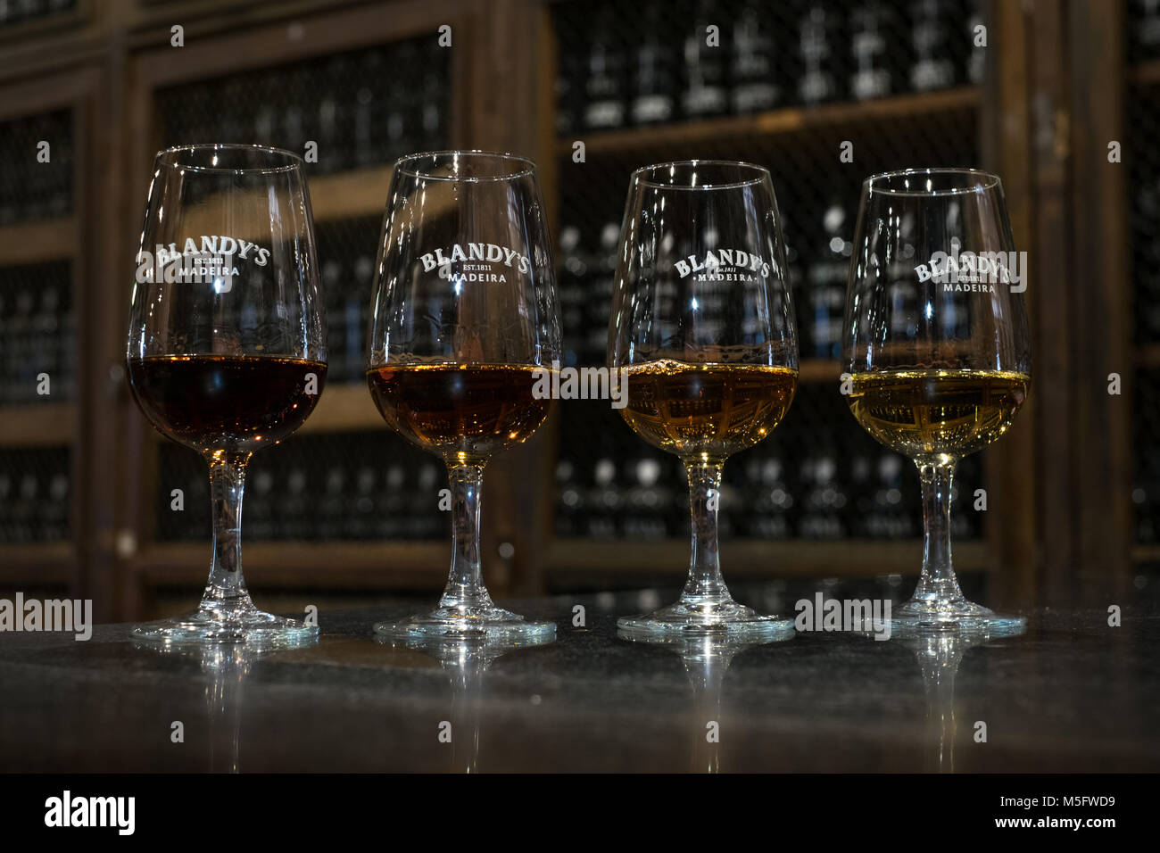 Bei Wein aus Madeira Blandy Wein Lodge, Funchal Madeira, ein seit langem etabliertes Weinproduzenten und hat ein ausgezeichnetes Visitor Center im Zentrum von Funchal. Stockfoto