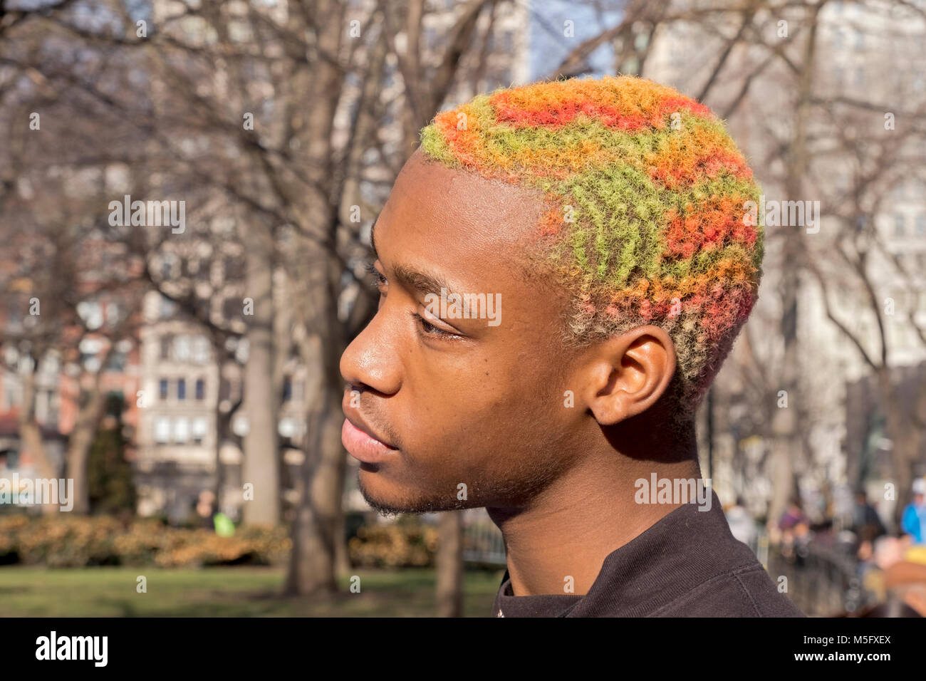 Porträt eines jungen Mannes mit ungewöhnlich bunte Haare in Union Square Park in Manhattan, New York City. Stockfoto