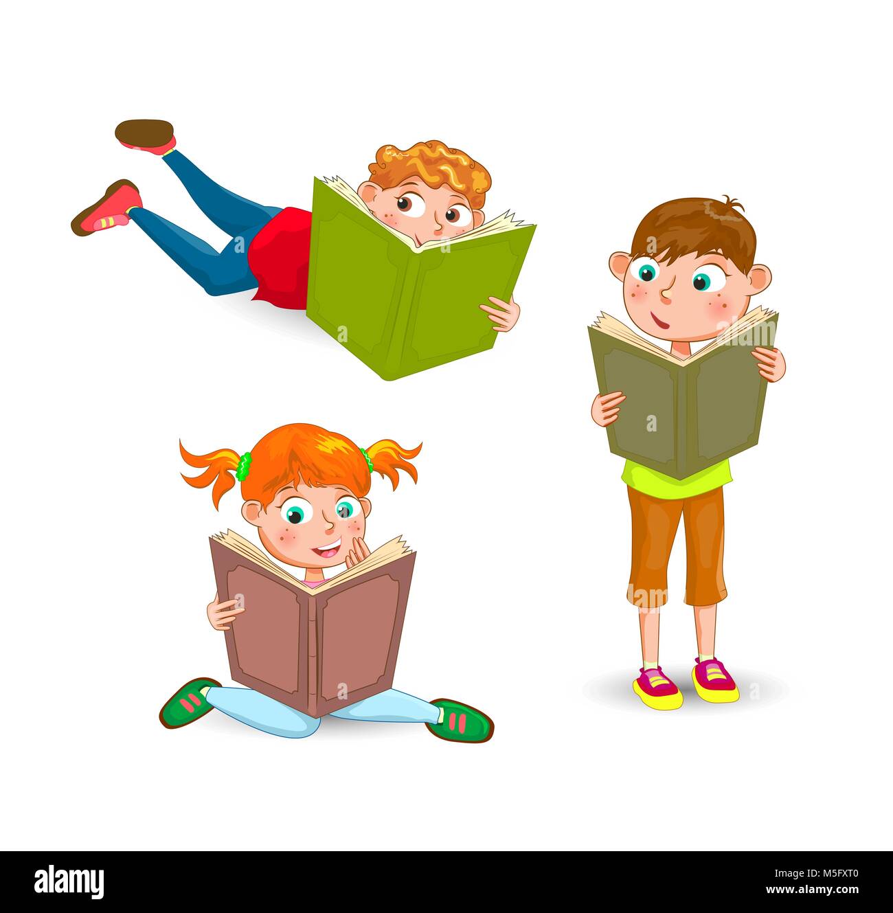 Kinder lesen das Buch mit Interesse. Kinder mit Büchern auf einem weißen Hintergrund. Stock Vektor