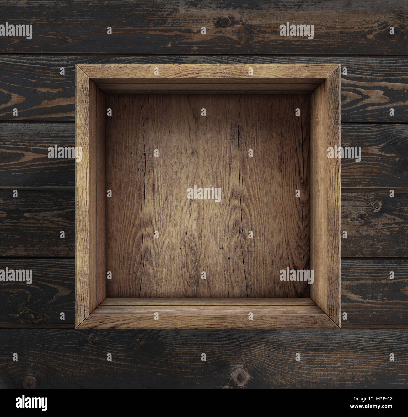 Leere Holzkiste, die auf dem Boden der Ansicht von oben Stockfoto