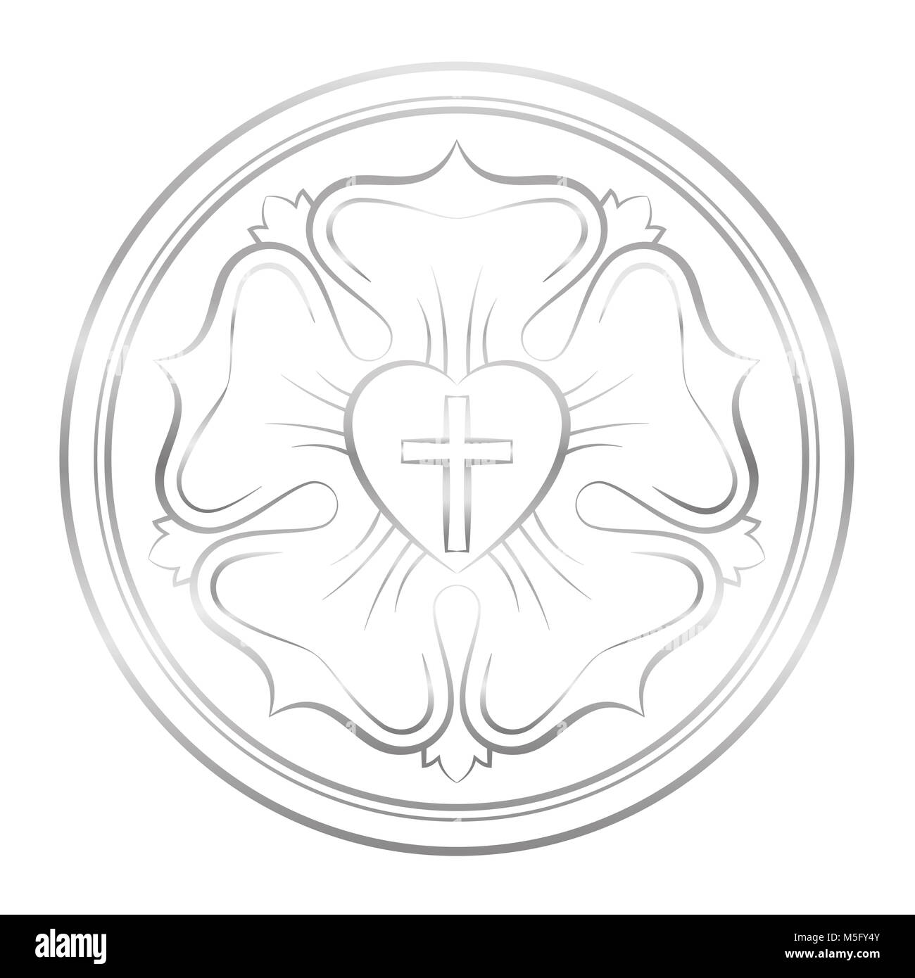 Luther Symbol. Symbol des Luthertums und Protestanten, bestehend aus ein Kreuz, ein Herz, eine Rose und ein Ring - Silber Abbildung auf Weiß. Stockfoto