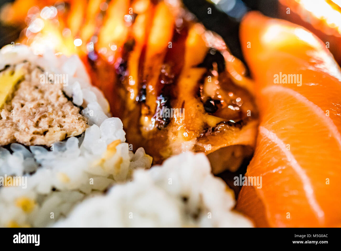 Gemischte frische Fisch sushi Platte, Makro food Fotografie, selektiven Fokus. Japanisches Essen, Lachs, Makrele, Thunfisch Sushi, Reis, Rosa, Weiß, Nahaufnahme. Stockfoto