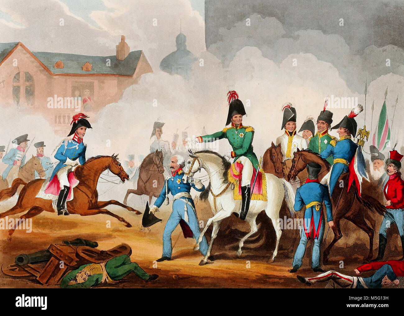 Tagung der Kaiser von Russland und Österreich, König von Preußen, Kronprinz von Schweden auf dem großen Liepzig, 18. Oktober 1813 Stockfoto