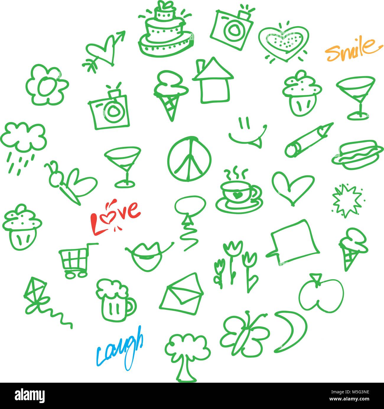 Vektor Liebe Doodles. Handskizzen. Glückliche Kindheit Symbole. Stock Vektor