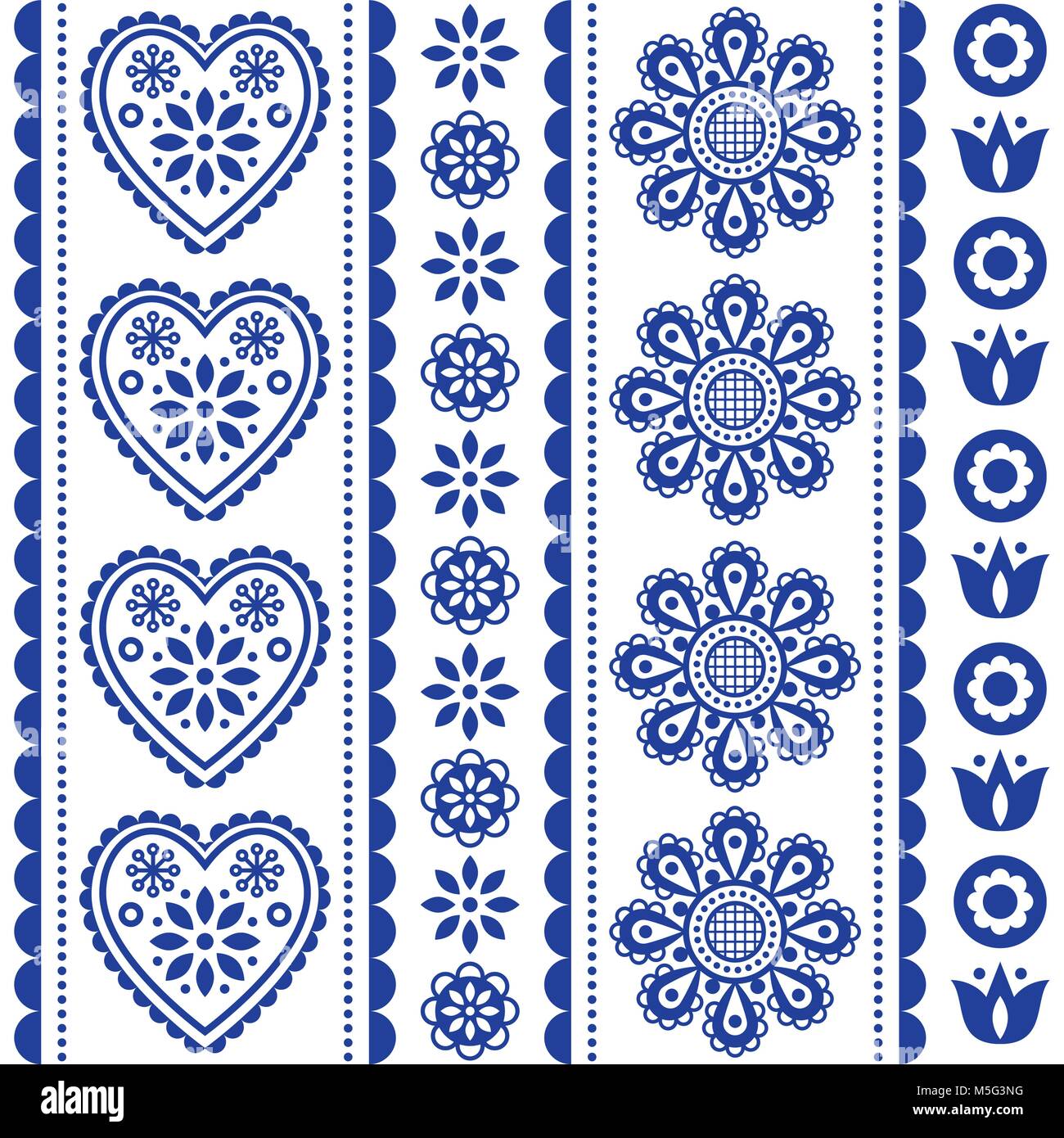 Skandinavische nahtlose Volkskunst vektor Muster mit Blumen und Herzen, Nordic ornament Design - Lange Stock Vektor