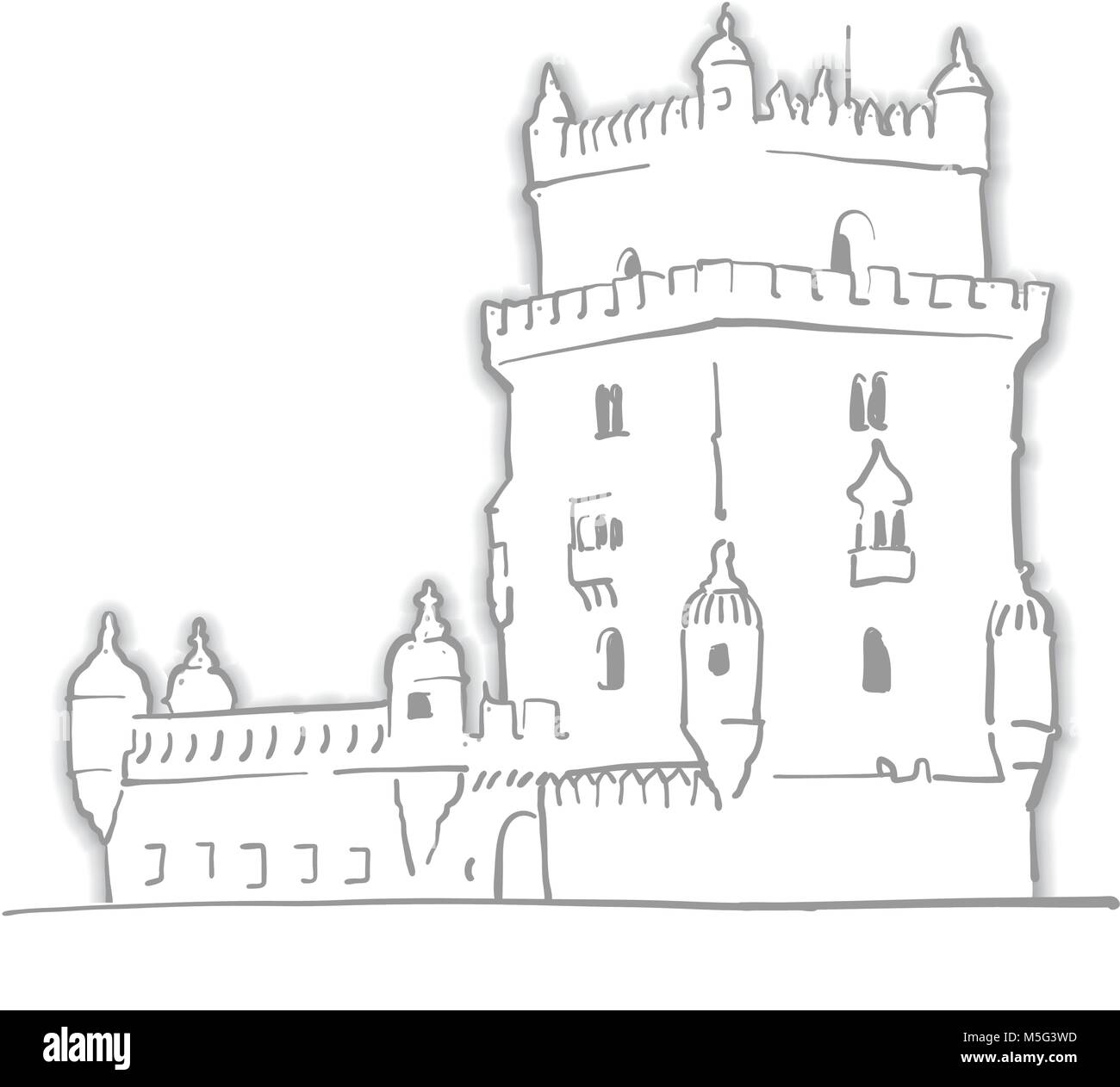 Lissabon Portugal Belem Turm Skizze. Line Art Zeichnung von Hand. Travel Design, Architektur Symbol für Grußkarten, vector Hintergrund. Stock Vektor