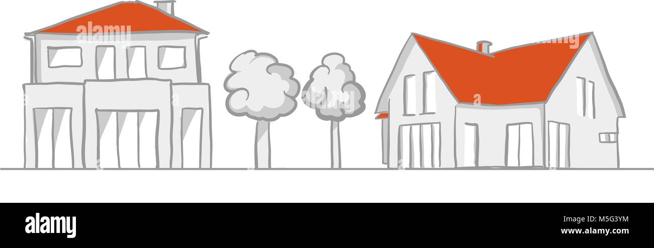 Kleines Haus und Garten Skizze. Line Art Zeichnung von Hand. Travel Design, Architektur Symbol für Grußkarten, vector Hintergrund. Stock Vektor