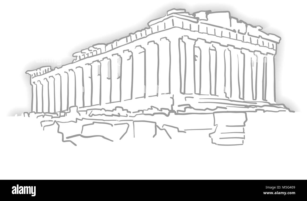 Griechenland Akropolis Tempel Skizze. Line Art Zeichnung von Hand. Travel Design, Architektur Symbol für Grußkarten, vector Hintergrund. Stock Vektor