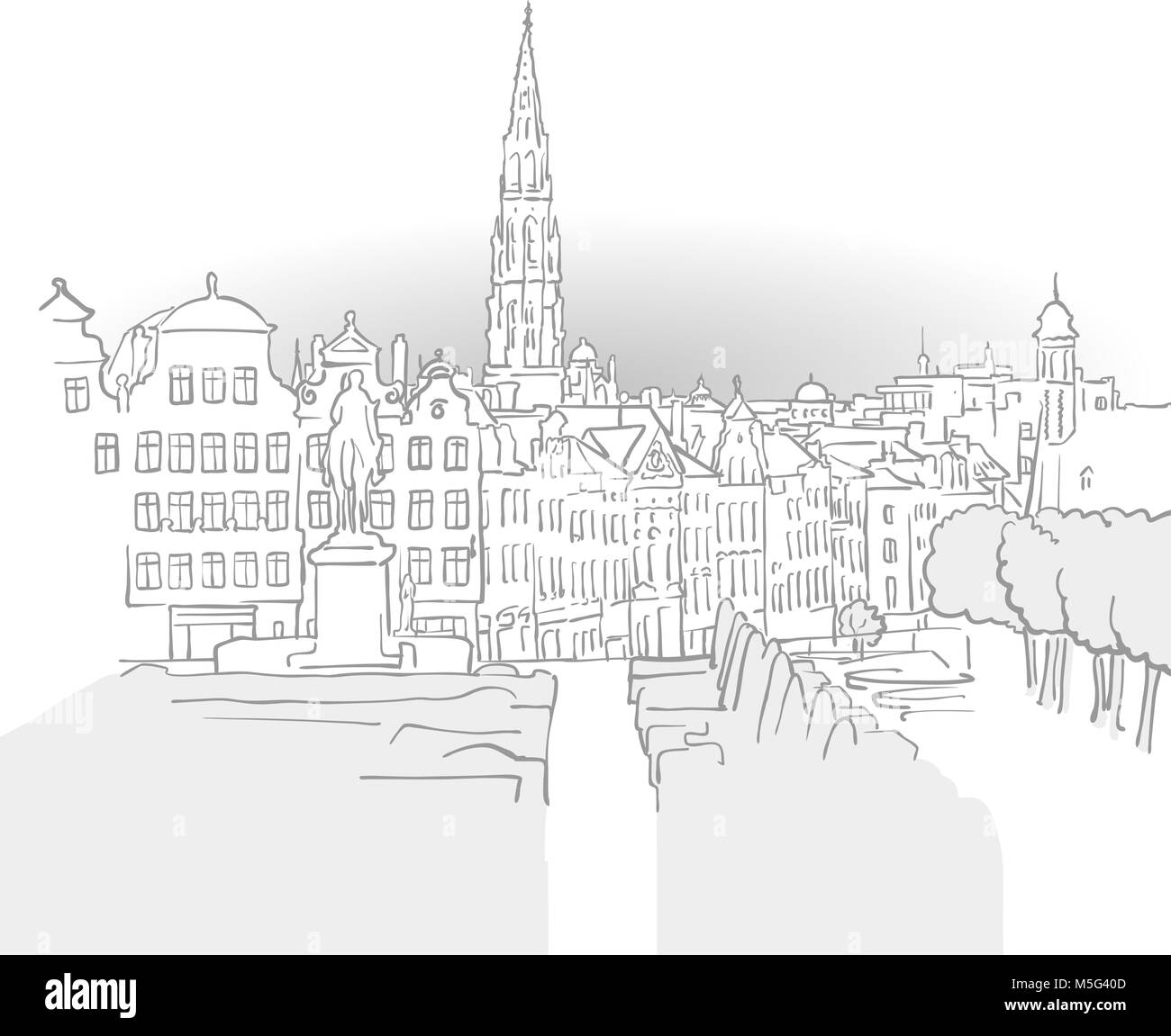 Brüssel Wahrzeichen Skizze. Line Art Zeichnung von Hand. Travel Design, Architektur Symbol für Grußkarten, vector Hintergrund. Stock Vektor