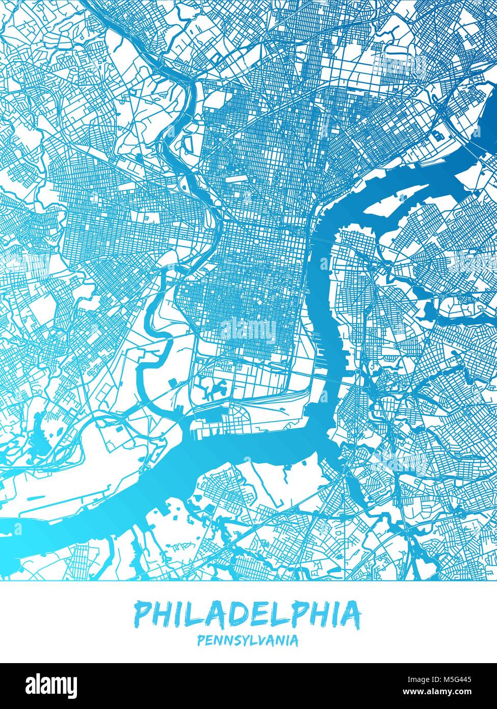 Philadelphia Downtown und Umgebung Karte in blau schattierte Version mit vielen Details. Diese Karte von Philadelphia enthält typische Sehenswürdigkeiten mit Raum für Stock Vektor