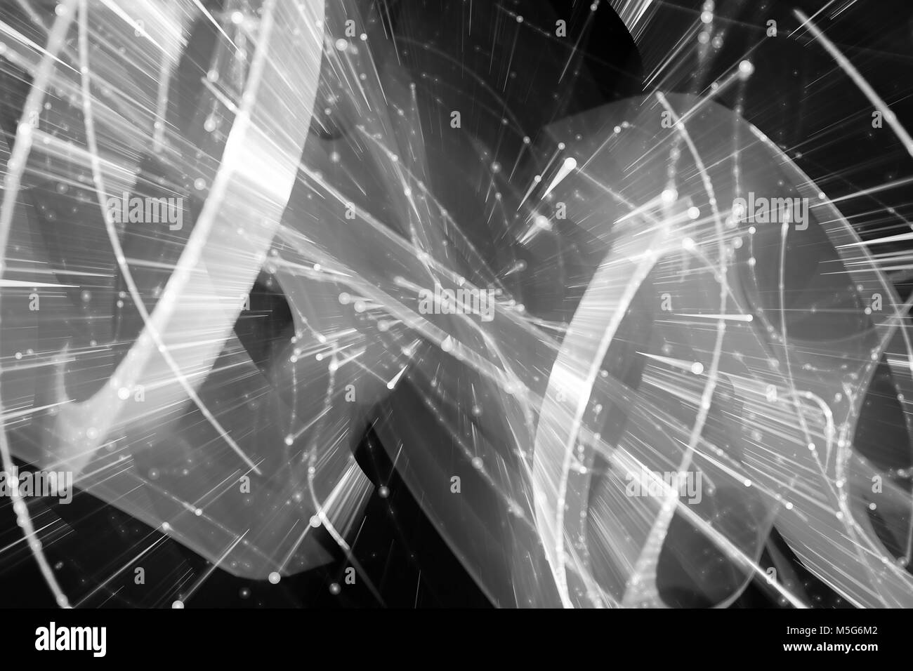 Glühende neue Technologie in motion, Schwarz und Weiß, Computer abstrakte Textur für Overlay oder Bildschirm Effekt erzeugt, 3D-Rendering Stockfoto