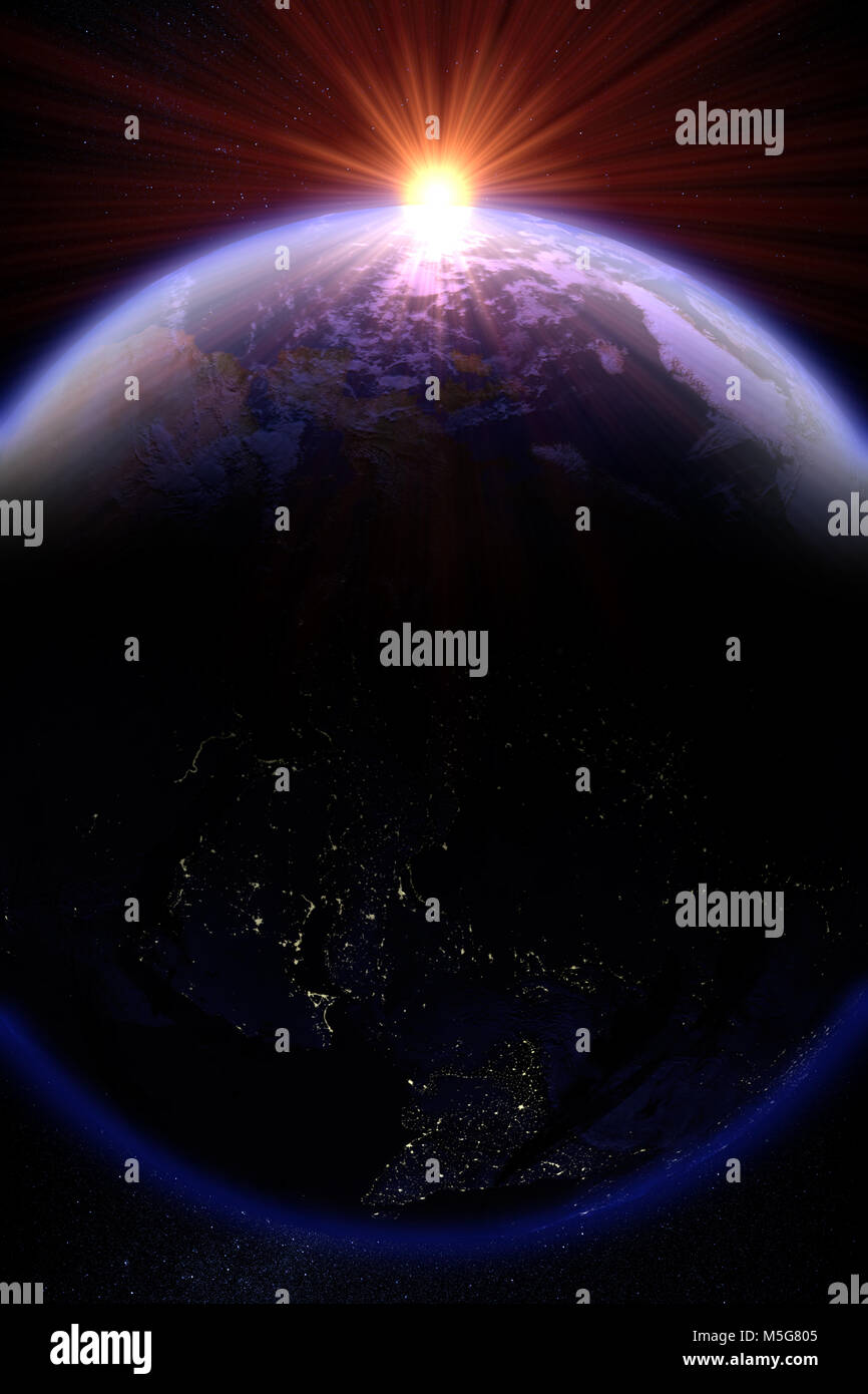 3D-Rendering von einem Sonnenaufgang über dem Planeten Erde Stockfoto