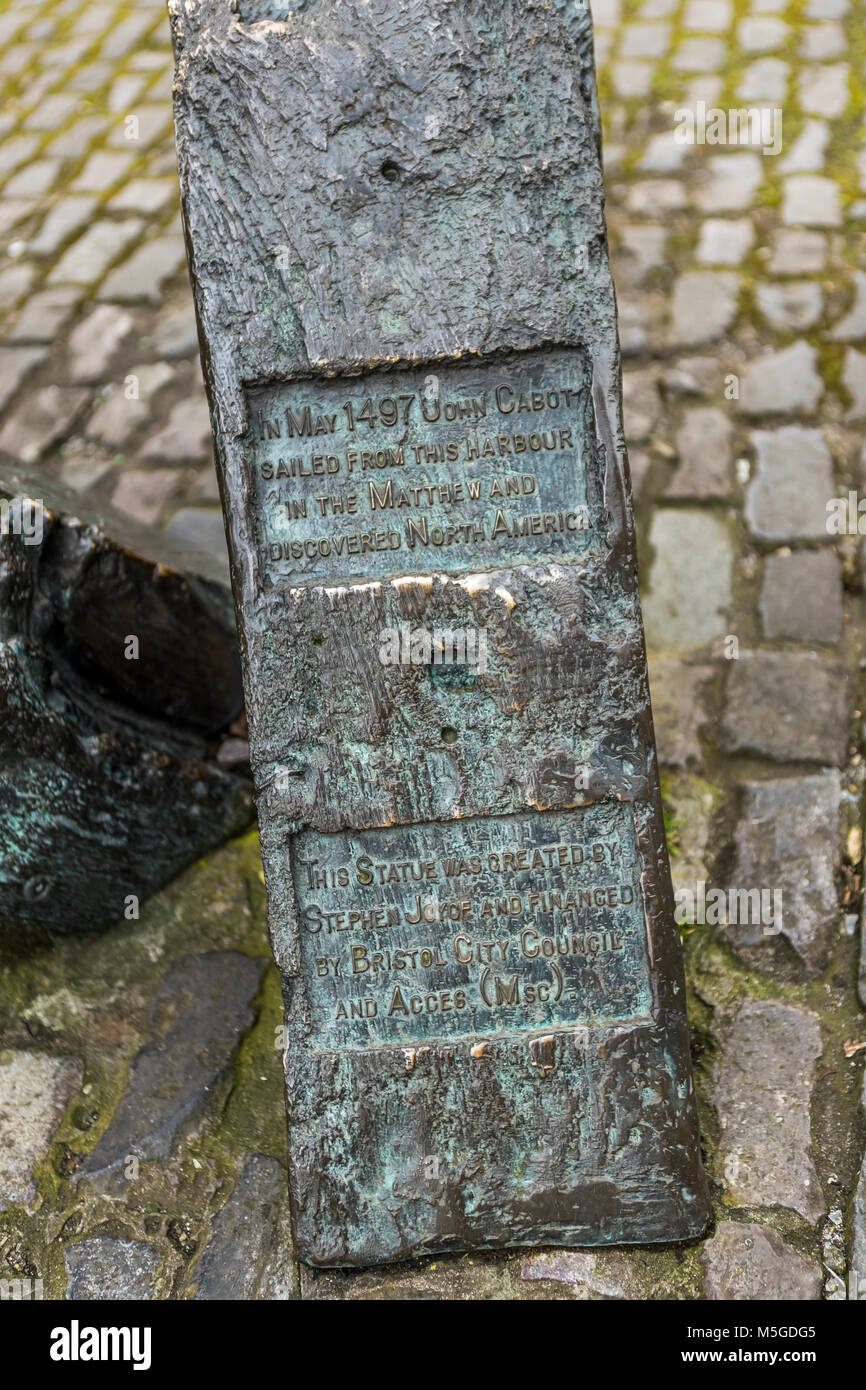 Statue von John Cabot aus Bronze mit Blick auf die Bristol Harborside. Bristol UK Stockfoto