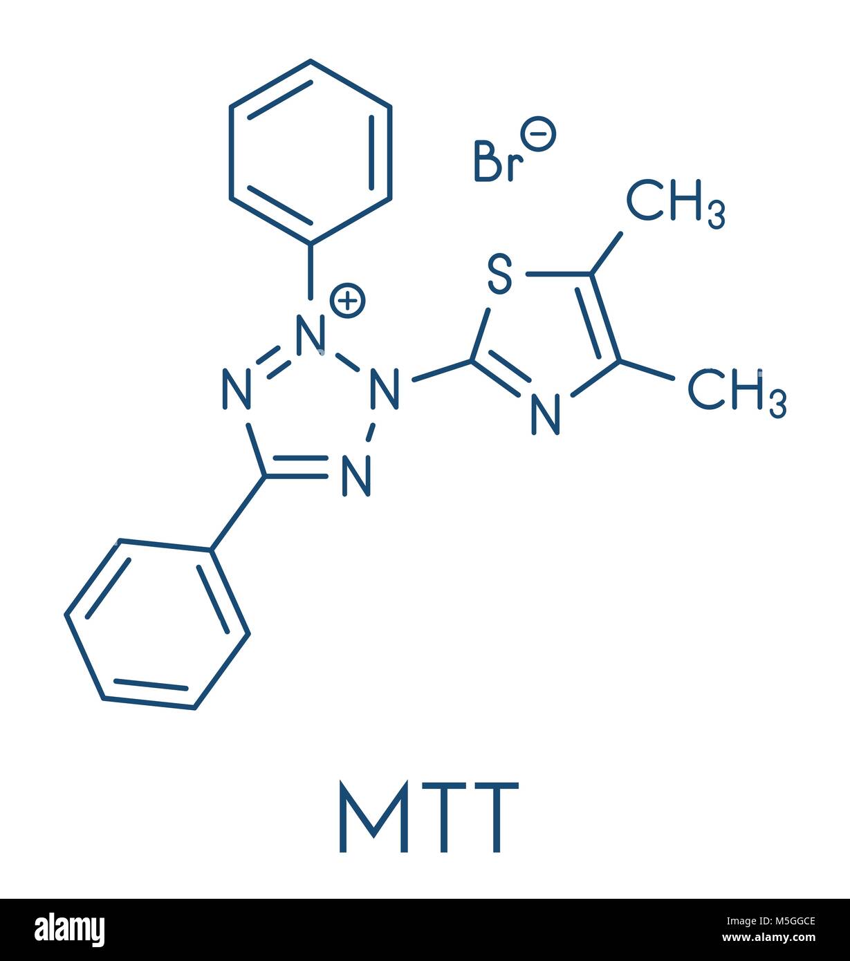 MTT gelb tetrazole Farbstoffmolekül. In MTT-Assay, Zytotoxizität und die metabolische Aktivität zu messen. Skelettmuskulatur Formel. Stock Vektor